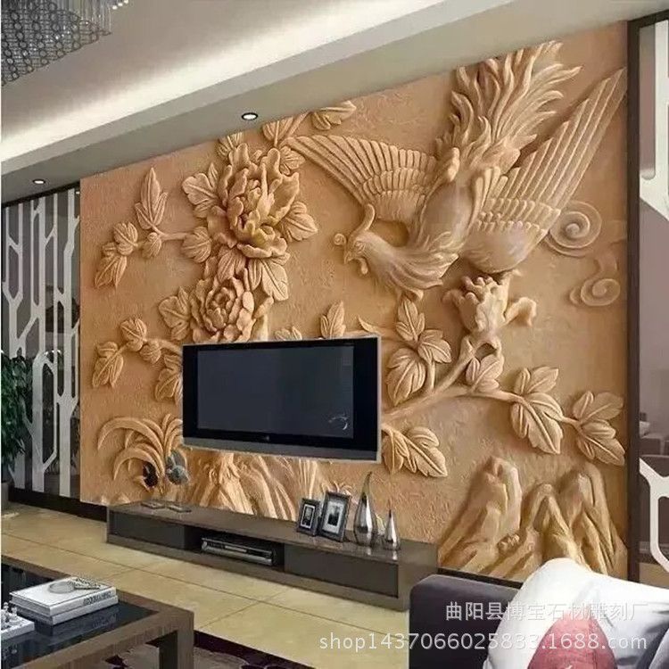 定制大型浮雕墙花开富贵庭院背景墙大理石干挂凤凰戏牡丹壁画浮雕