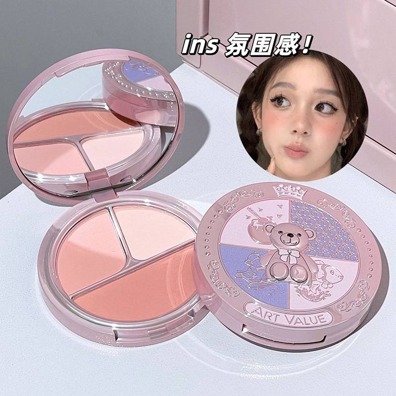 小熊三色腮红盘 韩系修容高光一体哑光多用胭脂彩妆