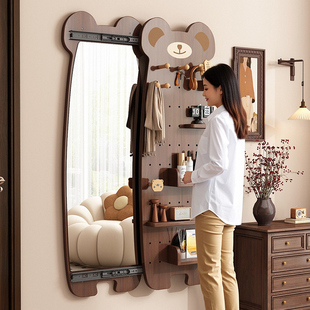 小熊穿衣镜洞洞板推拉镜网红隐藏式可关闭镜子家用壁挂全身试衣镜