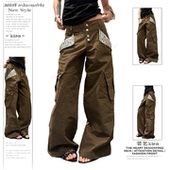 宽松垂感阔腿长裤 美式 女2025秋季 新款 复古豹纹拼接排扣工装 牛仔裤