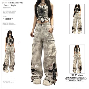 女高街辣妹宽松显瘦亚文化嘻哈裤 裤 子 vibe涂鸦大口袋牛仔工装 美式