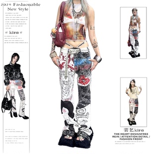 美式辣妹涂鸦印花牛仔裤子女二次元亚比remake直筒宽松显瘦拖地裤