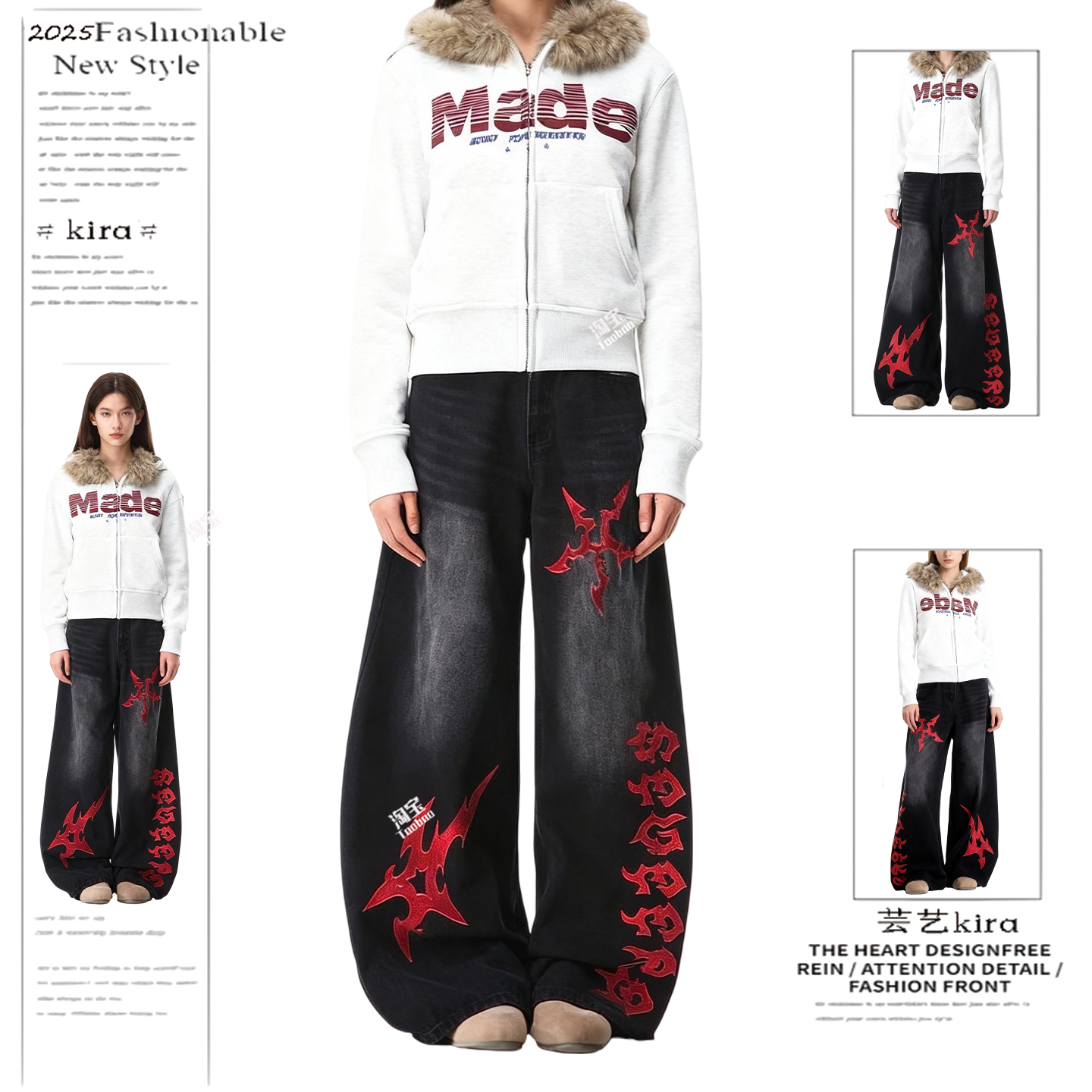 美式复古荆棘刺绣弯刀牛仔裤女街头辣妹宽松显瘦直筒阔腿拖地长裤,女装/女士精品,牛仔裤,淘宝优惠券,粉丝福利购,淘宝优惠卷