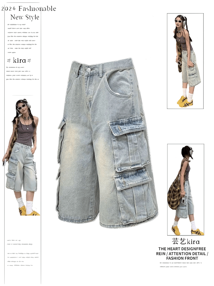 美式vibe多口袋七分牛仔工装裤女