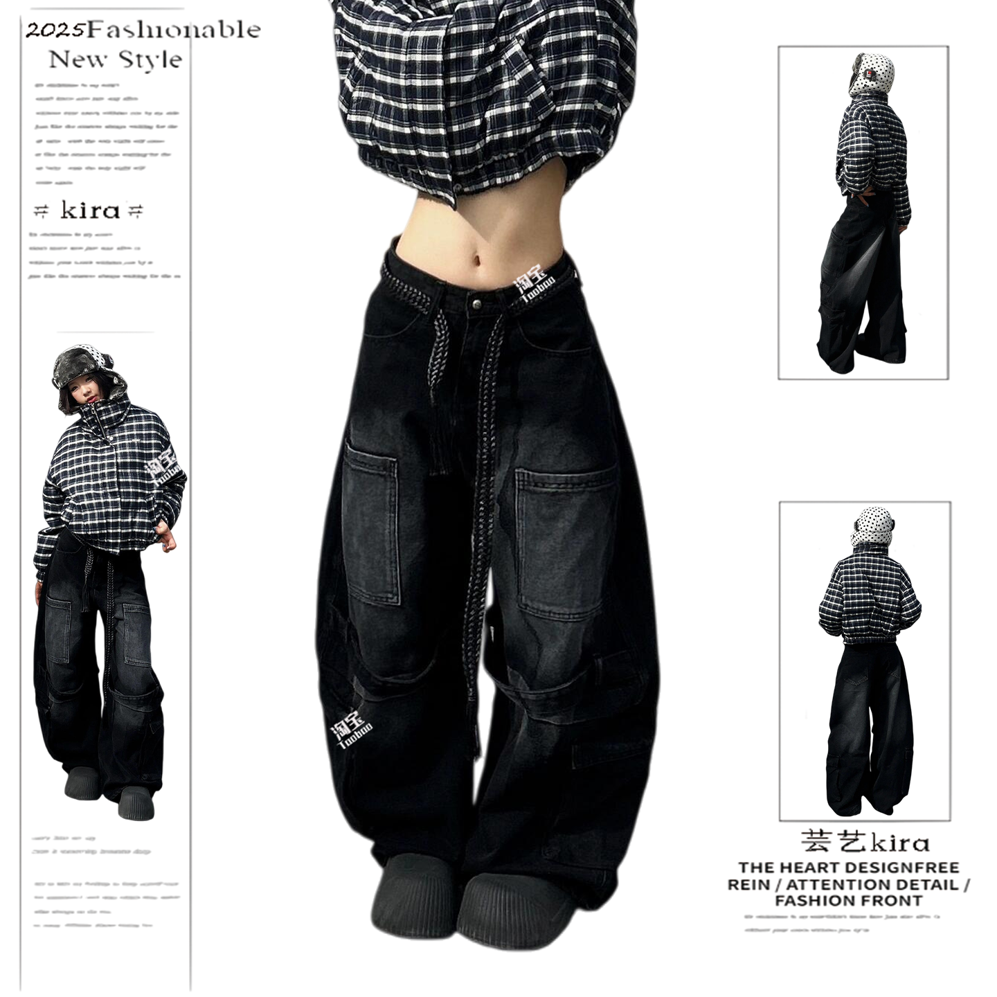 美式复古水洗做旧拼接工装弯刀牛仔裤女设计感宽松显瘦阔腿拖地裤,女装/女士精品,牛仔裤,淘宝优惠券,粉丝福利购,淘宝优惠卷