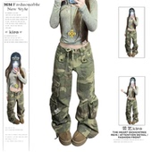 美式 女男高街宽松显瘦阔腿长裤 vibe复古迷彩印花多口袋工装 牛仔裤