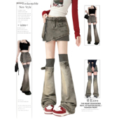 甜酷辣妹条纹拼接腿套 新款 街头朋克亚文化女装 牛仔半身短裙套装