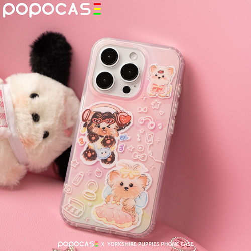 POPOCASE 约克夏小狗双层TPU原创手机壳  ins风可爱软萌创意仙女粉色手机壳全包边适用于苹果15/14/13promax