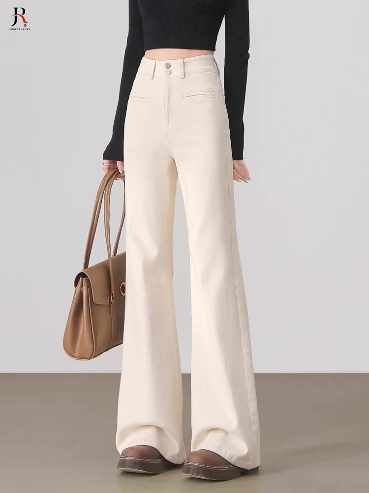 jqrx微喇牛仔裤女春秋季2025年新款米白色高腰显瘦垂感喇叭裤子