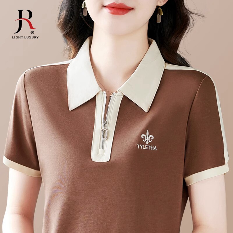 冰丝短袖t恤女夏装新款时尚品牌中年女士妈妈显瘦绣花翻领薄上衣