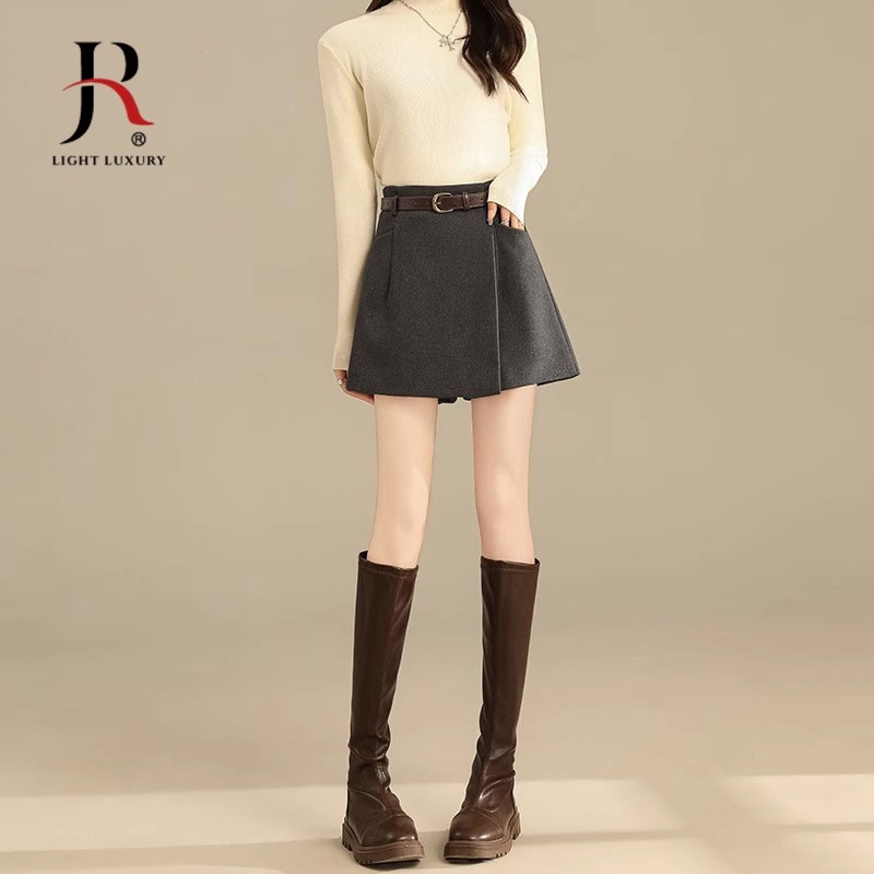 jqrx毛呢短裙裤女春季2025年新款高腰裙子加厚a字短裙包臀短裤裙