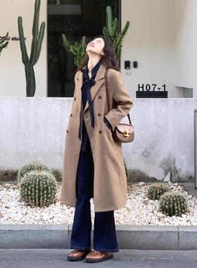 rouje bonjour韩系卡其色呢子大衣女秋冬季高级感中长款毛呢外套