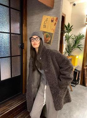 CHLENADY灰色羊羔毛皮毛一体外套女冬小个子立领慵懒加厚皮草大衣