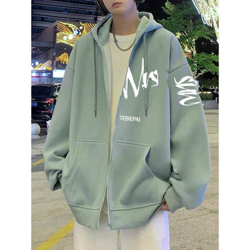 春秋连帽卫衣男潮牌美式宽松外套青少年拉炼开衫加绒加厚上衣服冬