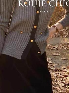 法国rouje chic秋冬季法式短款奶呼呼拼色针织开衫女气质减龄毛衣
