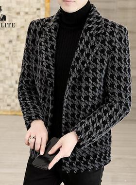FALVLITE秋冬款男潮流金貂绒外套帅气格子西装领毛呢大衣加厚夹克