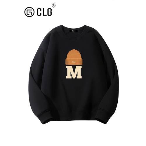 香港CLG潮牌加绒圆领厚棉T秋冬保暖时尚印花重磅长袖内搭衣青少年