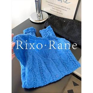 法国Rixo 女秋冬气质软糯毛衣 Rane?克莱因蓝镂空花边V领针织开衫