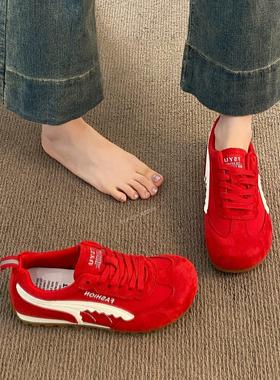 英国真皮红色德训鞋女秋2025新款爆款覆古休闲运动鞋平底阿甘板鞋