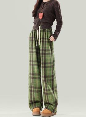 英国Next Road加绒毛呢格子高腰休闲裤女秋冬宽松显瘦垂感阔腿裤