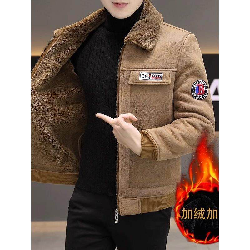鹿皮绒外套男冬季新款皮毛一体加绒加厚保暖翻领羊羔绒冬装夹克男