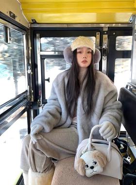 Chlenady高端灰色貂皮天鹅绒皮草外套女士冬季热风格时尚简单流行