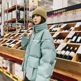 I.Tchooiate蓝绿色PU皮短款羽绒服女2025冬宽松加厚白鸭绒面包服
