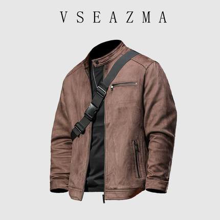 Vse Azma2024秋冬新款皮衣高级感男士麂皮绒加绒加厚立领夹克外套