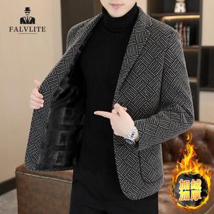新款 休闲男士 加绒修身 时尚 小西服外套加厚毛呢 西装 FALVLITE秋冬季