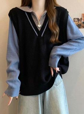 IT UNDER GARDEN 学院风撞色假两件长袖针织女秋冬大码宽松慵懒风