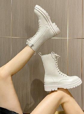 马丁靴女2024秋冬新款英伦风白色加绒靴子中筒靴厚底百搭骑士短靴