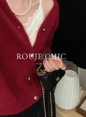 法国rouje chic秋冬法式v领圣诞红毛衣女气质单排扣针织开衫外套