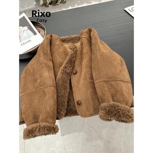 RIXO 皮毛一体上衣 COSY卡其色羊羔毛外套女2024秋冬韩系短款