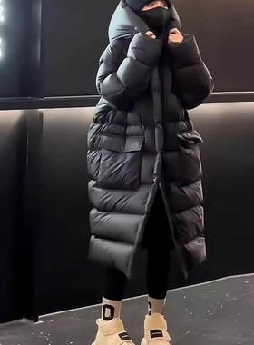 LILY MOST大口袋90白鸭绒连帽宽松过膝羽绒服外套女2024冬季新款