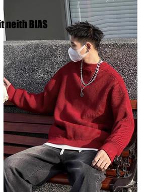 it neith BIAS秋冬港风复古假两件红色圆领毛衣男休闲百搭针织衫