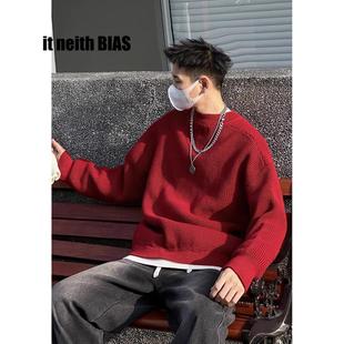 BIAS秋冬港风复古假两件红色圆领毛衣男休闲百搭针织衫 neith