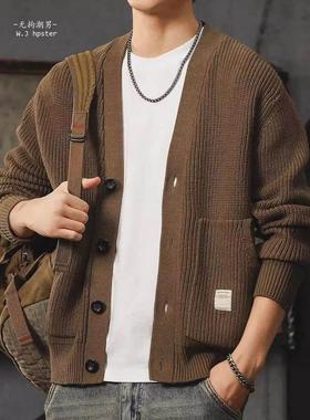 it neith BIAS潮牌高端复古V领开衫毛衣外套男秋冬宽松大码针织衫
