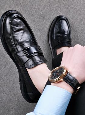 皮鞋男款冬季真皮透气商务正装休闲男鞋2024新款一脚蹬百搭豆豆鞋