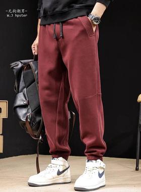 it neith BIAS潮牌加绒运动裤男秋冬男士束脚卫裤酒红裤子休闲