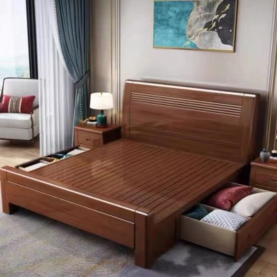 现代中式实木床1.8米主卧婚床简约双人1.5米经济型胡桃木储物床