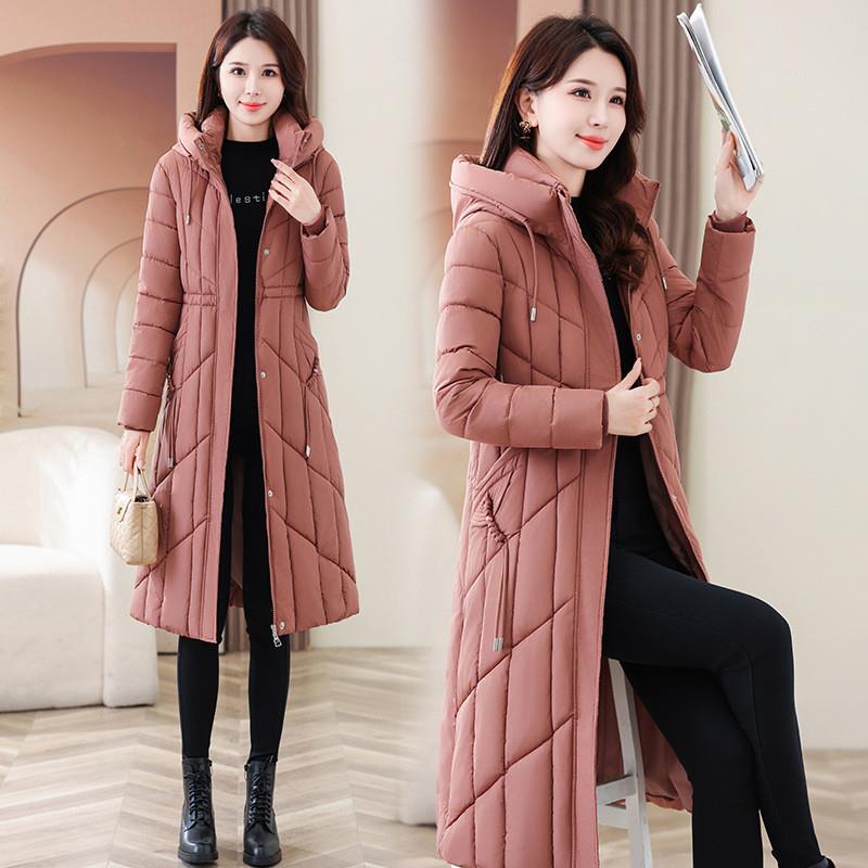 时尚棉衣女中长款冬季新过膝加厚保暖修身系带气质棉服外套防寒服