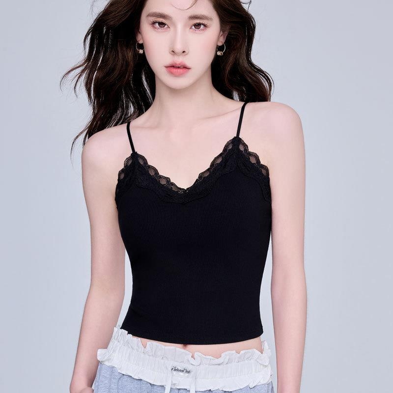 夏季螺纹吊带背心女带胸垫蕾丝花边内搭外穿大码打底上衣2025新款