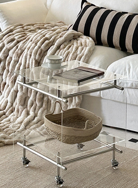 网红透明小推车简约现代中古创意家用沙发边几移动收纳轻奢床头柜