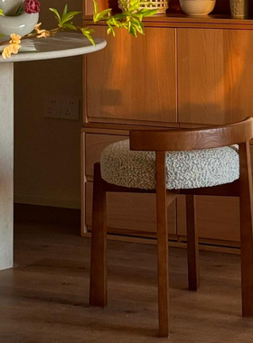 法式复古实木梳妆凳羊羔绒软包美甲化妆圆凳设计师款创意中古餐椅