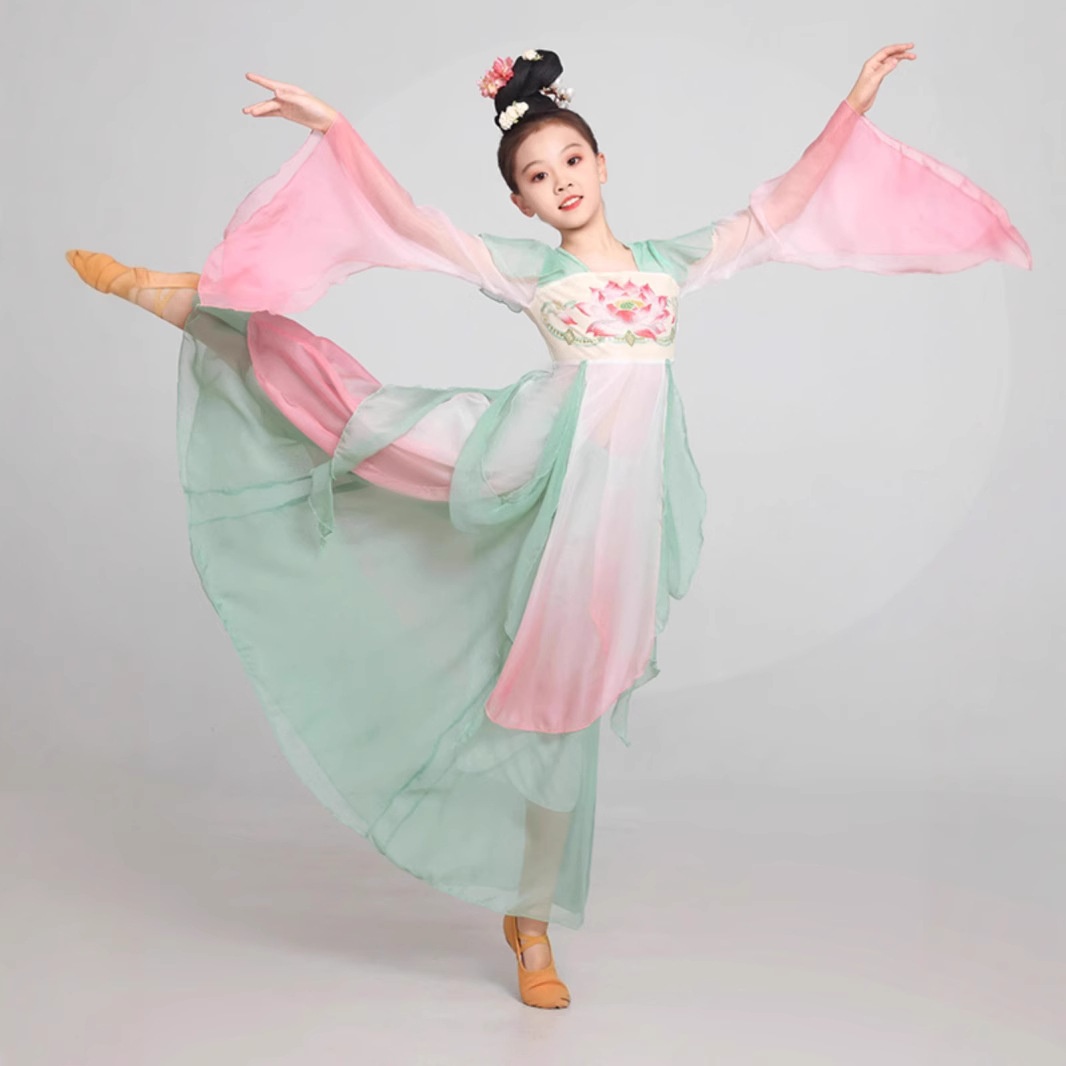 儿童中国舞蹈服飘逸齐胸汉唐纱衣女童古典舞扇子舞演出服装大摆裙