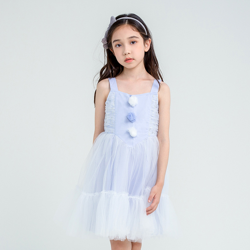 女童连衣裙夏季网纱新款礼服裙子蓝色洋气胸花纱裙中大童公主裙