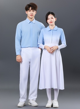 成人教师初高中学生蓝色爱国松花江上合唱朗诵比赛演出服装女礼服