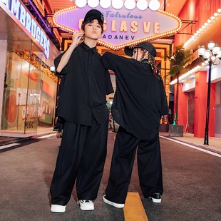潮服女童模特走秀时装夏季男童爵士舞服装黑色衬衫现代舞练功
