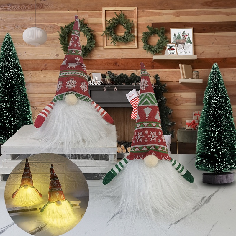 跨境圣诞老人公仔桌面摆件灯光无脸娃娃玩偶毛线针织圣诞节装饰品