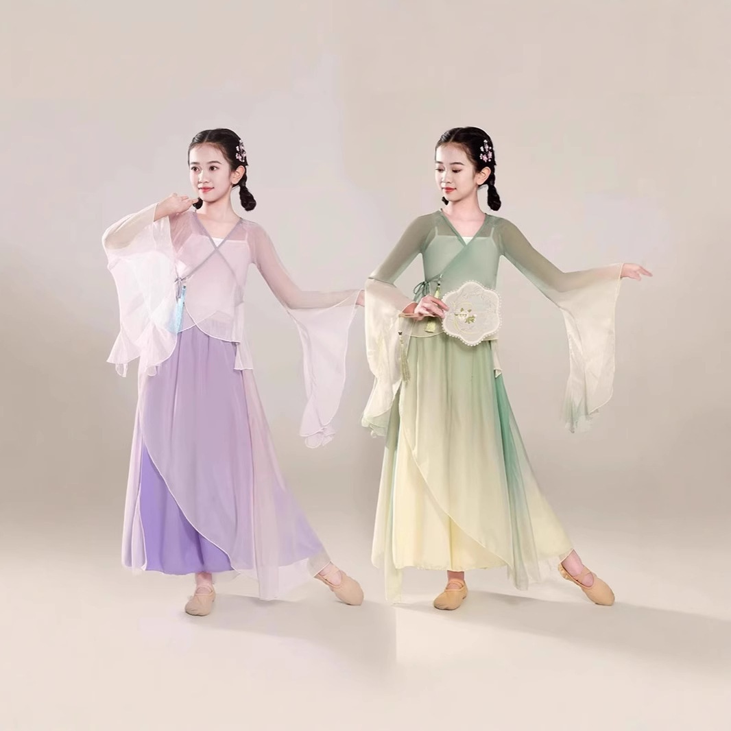 儿童古典舞演出服飘逸纱衣中国风舞蹈服装女童练功服扇子舞表演服